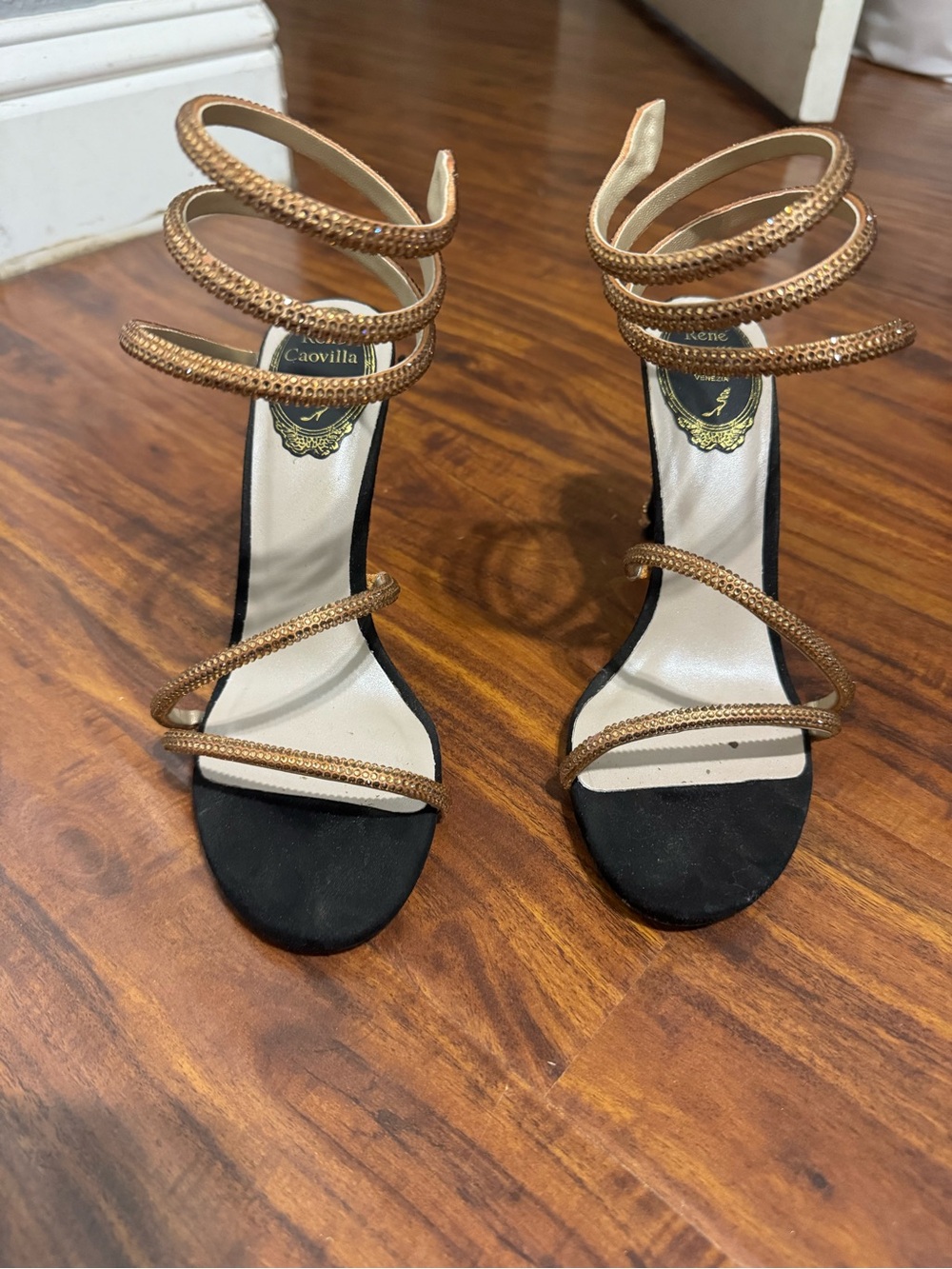 Rene Caovilla Gold Spiral Ankle-Strap High Heels